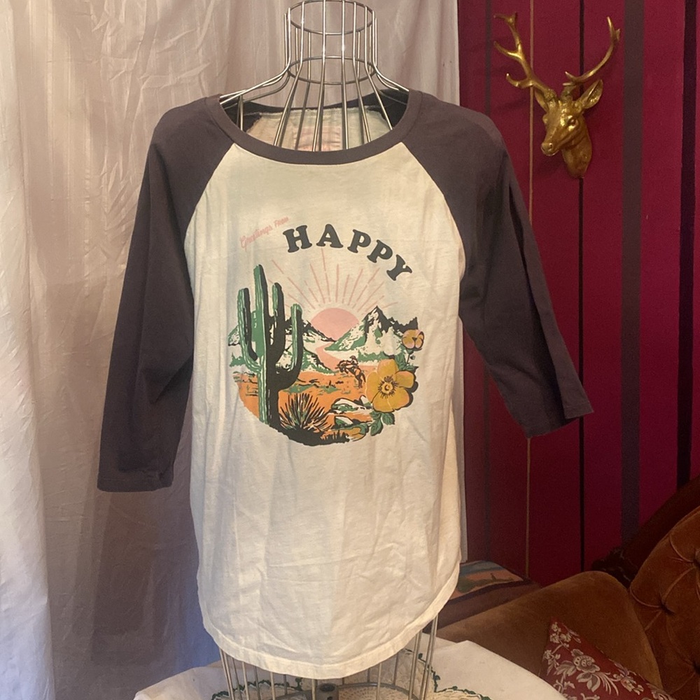 Graphic Raglan Tee with Cactus Design, Large